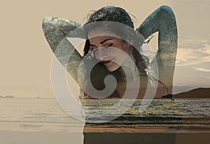 Double exposure of beautiful woman mixed with sunset nature and