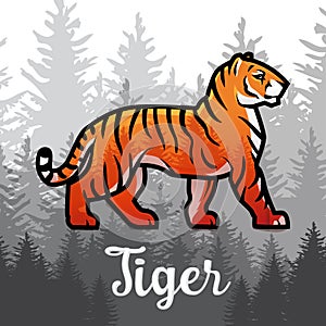 Double exposure Bengal Tiger in forest poster design. vector illustration on foggy background.