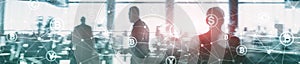 Double exposure Bitcoin and blockchain concept. Digital economy and currency trading. Website header banner