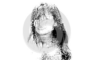 Double exposure black and white bw portrait of young woman cover