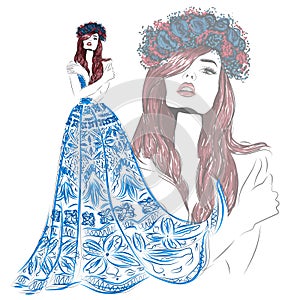 Double exposure blue dress girl