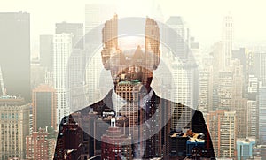 Double exposure, broker and portrait with corporate, city and architecture for finance. New York businessman, buildings