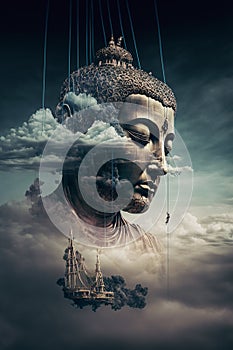 Double exposure of Buddha head as steelrising marionette and cloudy sky