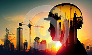 Double exposure of builder silhouette and construction works poster design made with Generative AI