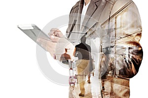 Double exposure of Business Man and Airport Terminal with People