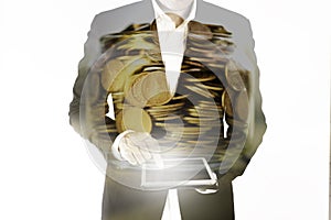 Double exposure of business man point the finger represent leading team and golden coins in jar, leadership concept