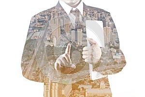 Double exposure of business man pointing his hand, isolated on white background
