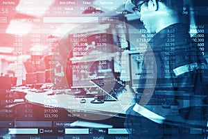 Double exposure of business man trading stock in room with computer and graph for Business Trading concept