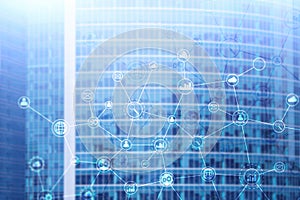 Double exposure Business organization structure on blurred background