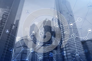 Double exposure Business organization structure on blurred background