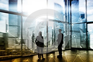 Double exposure Business organization structure on blurred background.