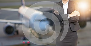 Double exposure of Business people on Airport back