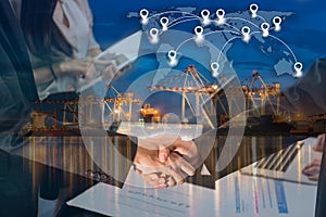 Double exposure of business people handshake greeting deal concept on Industrial port with containers cargo ship background and m