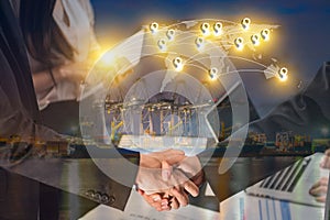 Double exposure of business people handshake greeting deal concept on Industrial port with containers cargo ship background and m