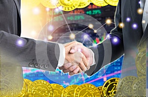 Double exposure Business people shaking hands with Bitcoin