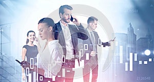 Double exposure of business people working together and carry out meetings and conference calls. Stock exchange rates forecasting