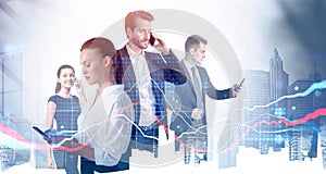 Double exposure of business people working together and carry out meetings and conference calls. Stock exchange rates forecasting