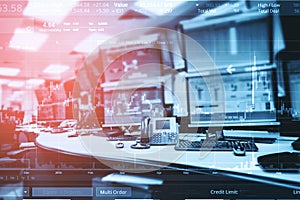 Double exposure of business stock trading room with computer and