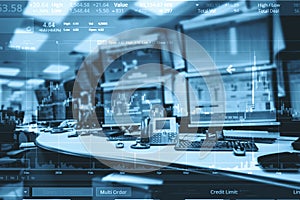 Double exposure of business stock trading room with computer and