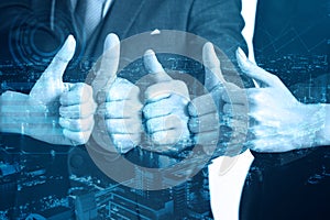 Double exposure business teamwork show hands with thumb up, very good