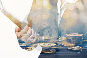 Double exposure business woman with bit coin
