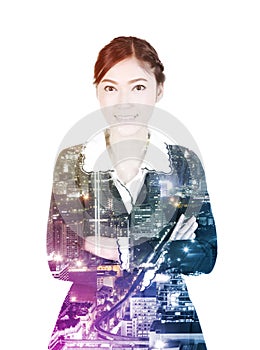 Double exposure of business woman standing with her arms crossed