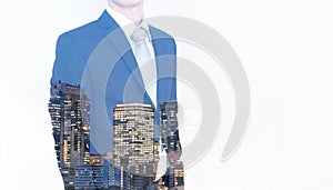 Double exposure Businessman in blue suit and office buildings, isolated on white background