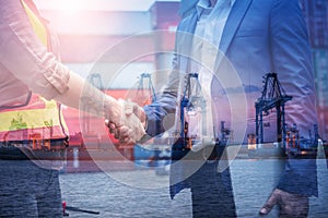 Double Exposure of Businessman and Container Shipping Worker Greeting Handshake Together With Containers Cargo Ship Port Terminal