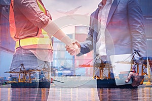 Double Exposure of Businessman and Container Shipping Worker Greeting Handshake Together With Containers Cargo Ship Port Terminal