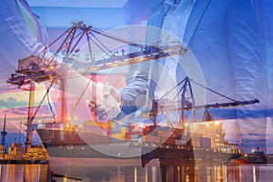 Double Exposure of Businessman and Container Shipping Worker Greeting Handshake Together With Containers Cargo Ship Port Terminal