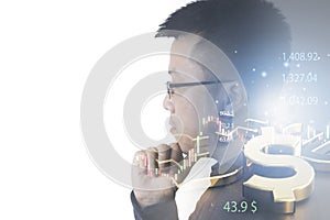 Double exposure of businessman with currency sign and technical graph for trading money exchange or forex concept