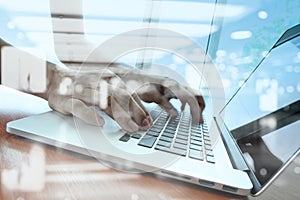 Double exposure of businessman hand working with business