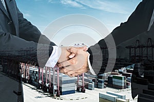 Double Exposure of a businessman handshake on port with containers. Concept of business agreement of industrial port, shipping, t