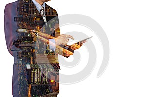 Double Exposure of Businessman Hold Digital Tablet and Modern Ci