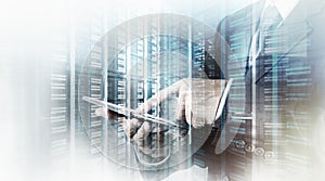 Double exposure of businessman shows modern technology
