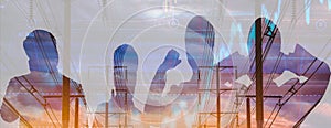 Double exposure businessman team, background with electric poles and stock chart in the sky, concept of volatility stocks and