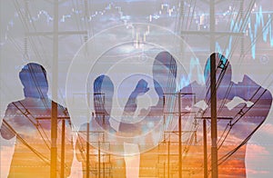 Double exposure businessman team,electric pole, and sky stock graph background,abstract concept of volatility stocks and energy