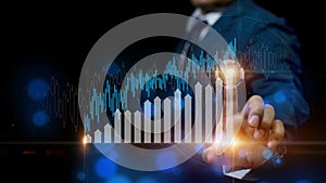 Double exposure of Businessman touches up arrow with a trading graph candlestick, Global finance investors. Cryptocurrency