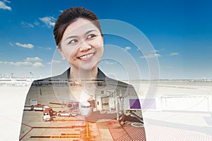 Double exposure of businesswoman thinking looking up with plane