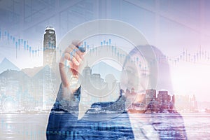 Double Exposure of Businesswoman is Tracking Stock Chart Info On The Screen, Business Financial Analyzing Investment and Stock