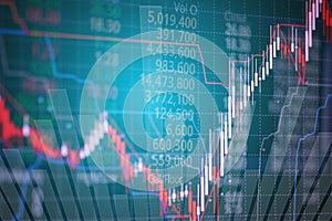 Double exposure of candle stick graph chart with indicator showing bullish point or bearish point, up trend or down trend