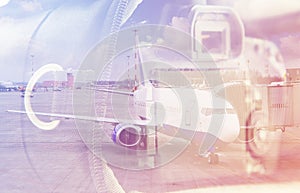 Double exposure: carrying case for the camera and an aircraft. Business and travel concept