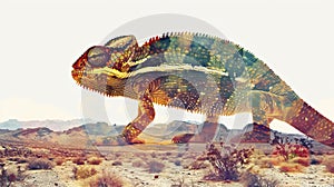 Double exposure of chameleon and desert on white background. Generative AI