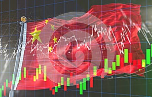 Double exposure of China flag on coins stacking and stock market graph chart