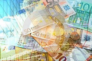 Double exposure of city, graph, banknote and coins money