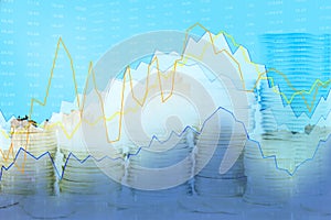 Double exposure of city, Stock market and graph on rows of coins for finance and banking , investments, trading, chart