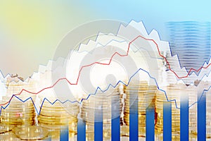 Double exposure of city, Stock market and graph on rows of coins for finance and banking , investments, trading, chart