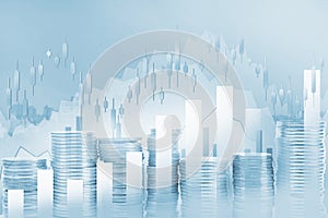 Double exposure of city, Stock market and graph on rows of coins for finance and banking , investments, trading, chart