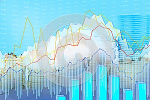 Double exposure of city, Stock market and graph on rows of coins for finance and banking , investments, trading, chart