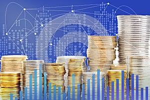 Double exposure of city, Stock market and graph on rows of coins for finance and banking , investments, trading, chart